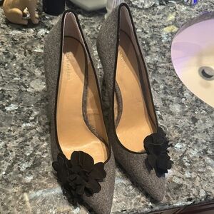 Ann Taylor Gray Heels with Black Floral Detail